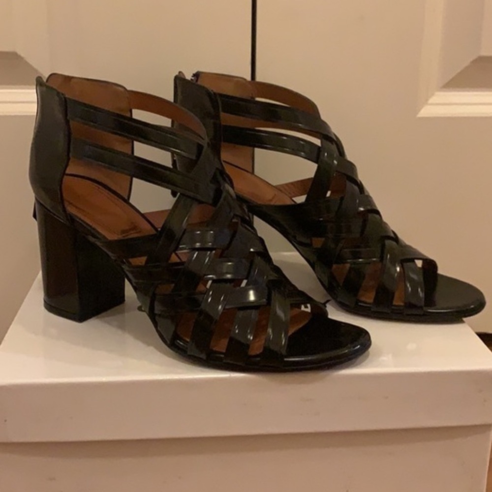 Givenchy Black glazed leather block high heel sandals crossed strap design